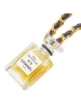 Chanel Perfume Bottle Chain Pendant Necklace Gold Black Plated Leather Glass